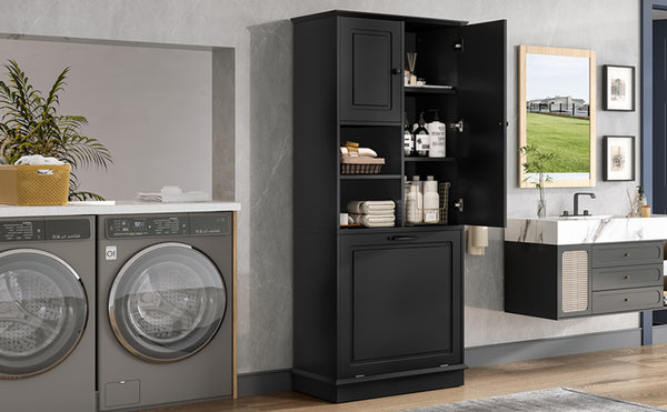English Elm Tall Storage Cabinet with Flip-Out Basket, Adjustable Shelves & Aluminum Handles for Organized Living Black N725P322739B