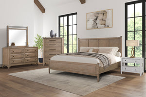 English Elm King Lo-Post Bed Sand Finish — King-Sized Transitional Design with Herringbone Headboard, Mindi Veneer B2699S00019