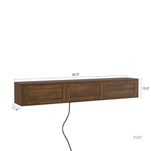 English Elm Floating Wall Mounted Tv Shelf with Led Backlight Gloss Cabinet and Built in Power Strip Wood W1321P391261
