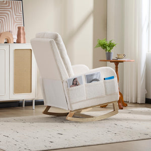 English Elm Modern Upholstered Glider Rocker with Teddy Fabric High Back and Rubberwood Base White W3723P409074