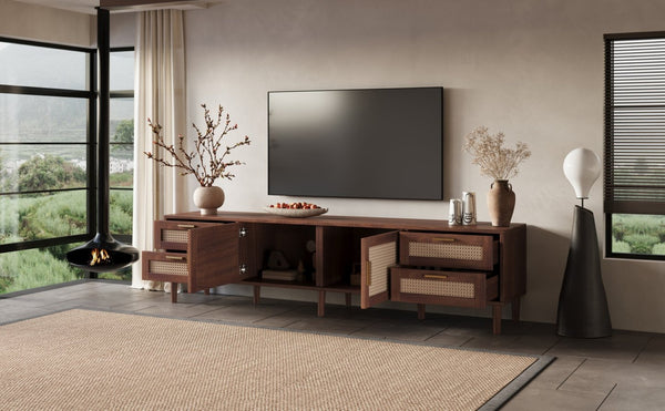 English Elm 78 Inch Rattan Media Console with Pine Legs Four Drawers Modern Living Room Tv Stand N710P365048P
