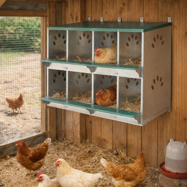 English Elm 8 Compartment Galvanized Steel Hen Nesting Unit Wall Mount Coop with Roll Forward Egg Tray W1422P246453