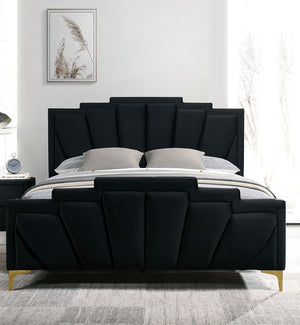 English Elm Glam Plush Flannelette Queen Bed with Shell Tufting and Padded Headboard on Metal Legs for Style Black,Gold 84 L x 15 W x 7 H B2741S00331