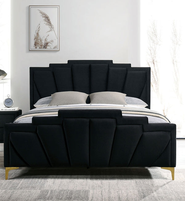 English Elm Glam Plush Flannelette Queen Bed with Shell Tufting and Padded Headboard on Metal Legs for Style Black,Gold 84 L x 15 W x 7 H B2741S00331