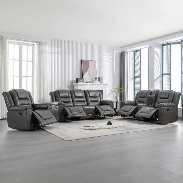 English Elm Home Theater Recliner Set Manual recliner with wide armrests, dual cup holders, durable PU upholstery, sturdy iron frame and foam comfort for living room and bedroom relaxation Grey SG001460AAE
