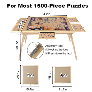 English Elm 27" 1500-Piece Puzzle Table with Legs, 5 Drawers & Foldable 34"x26" Pine Board for Comfortable Hobby Use W3101P314629