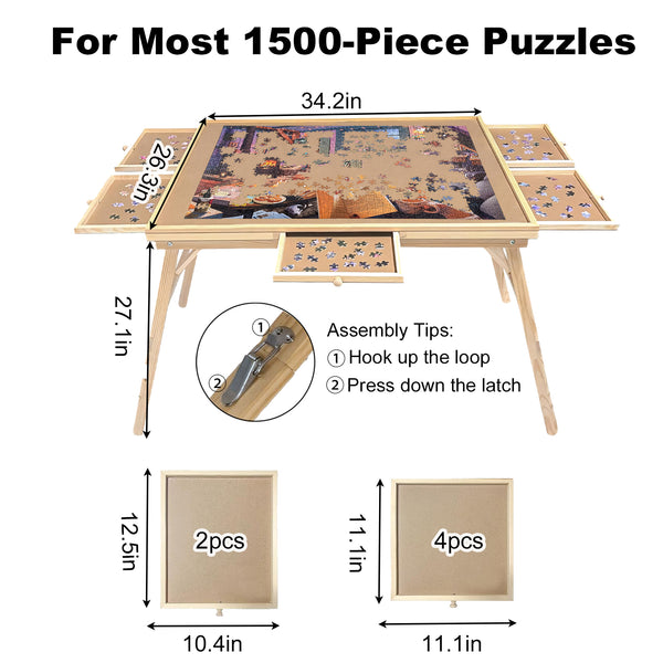 English Elm 27" 1500-Piece Puzzle Table with Legs, 5 Drawers & Foldable 34"x26" Pine Board for Comfortable Hobby Use W3101P314629