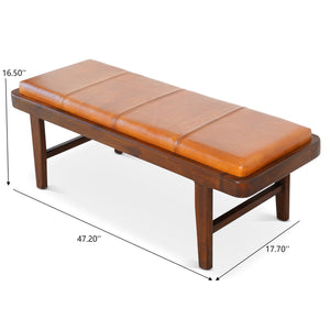 English Elm Ashcroft Furniture - Maddox Mid-Century Bench Tan Genuine Leather Upholstered Solid Wood Seat Teak Legs 48.8"W Stylish Comfort B183P232012