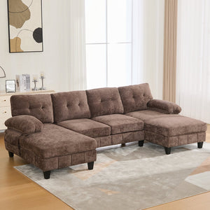 English Elm U-shaped Chenille Sectional Sofa with Dual Chaise Lounges, Tufted Back, Storage Pockets & Pillows Brown N719S002040D
