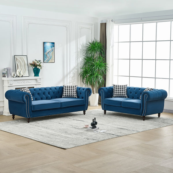 English Elm 3+2 Seater Chesterfield Velvet Sofa Set - Elegant Blue Upholstery, Roll Armrests & Nailhead Trim W3373S00052
