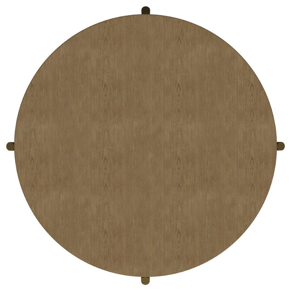English Elm Benson Round Coffee and End Table Set with Brass Legs Rattan Shelf Accent Sand B062S01402