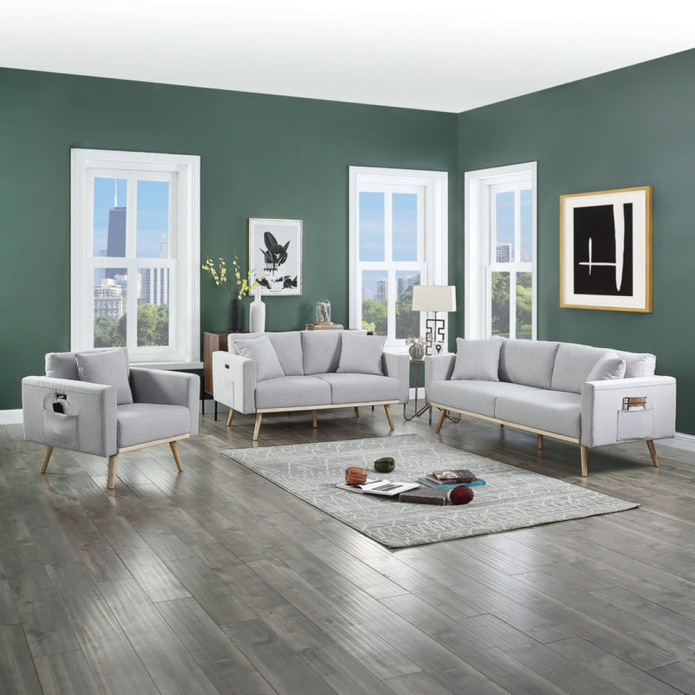 English Elm Elio Mid-century Modern Linen Living Room Set with Usb Ports Storage Pockets Light Gray B2749S00014