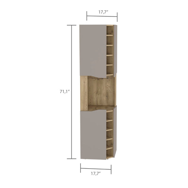 English Elm Obregon Corner Bar Cabinet with Ten Slot Wine Rack and Stemware Storage in Warm Neutral B200S00391