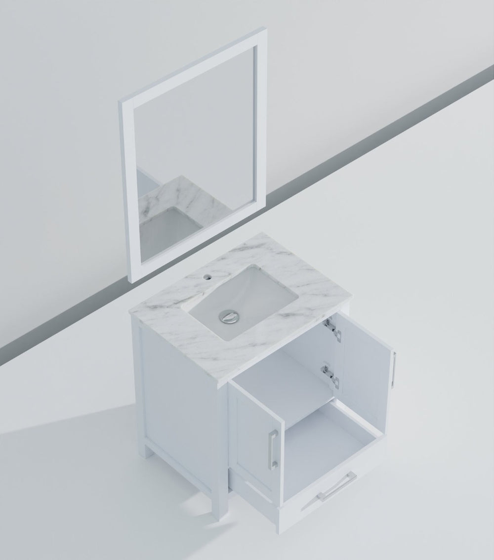 English Elm White Bath Vanity Set With Carrara Marble Top & Mirror – Elegant Design, Soft-Close Storage Solutions B2731S00671-GIGA