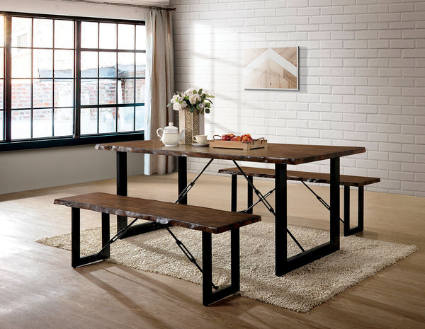 English Elm 1pc Industrial Bench with Live Edge Walnut Seat, U-Shape Metal Base & Chain-Link Accent, Rustic Modern Dining B2741P366064