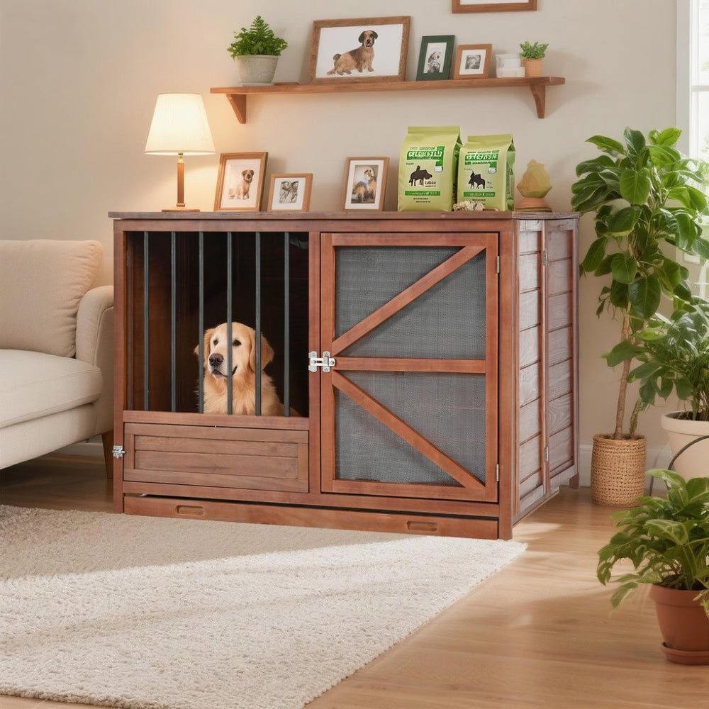 English Elm 43" Solid Pine Dog Crate End Table with Walnut Finish and Rotating Feeder Bowl N843P322022W
