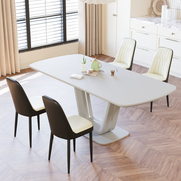 English Elm 62.99-78.74" Extendable Dining Set with 4 Pu Leather Chairs Seats up to Eight Beige+Grey,Black W2189S00859