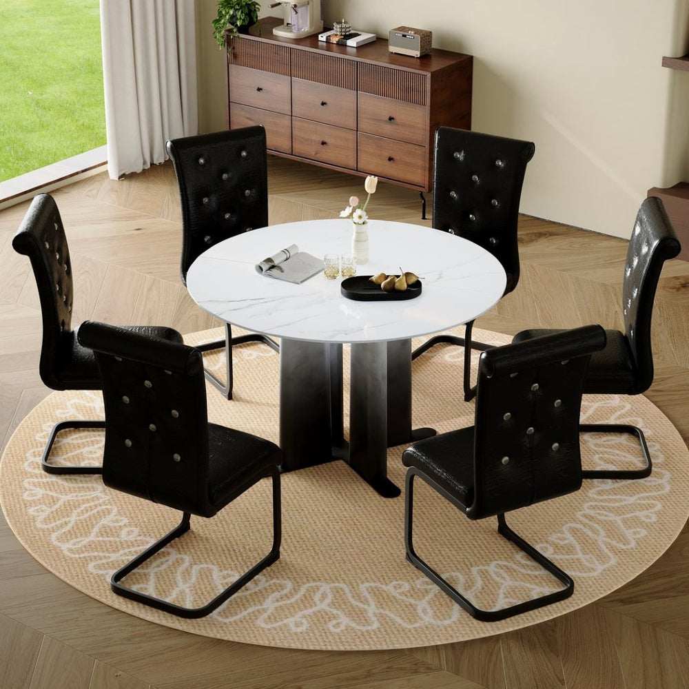 English Elm Modern Round Faux Marble Dining Set with Six Tufted Pvc Chairs Gradient Pedestal Base W3875S00073