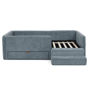 English Elm Twin Boucle Upholstered Kids Bed with Guardrails Built in Storage and Cushioned Step Stool Navy W1413P433366