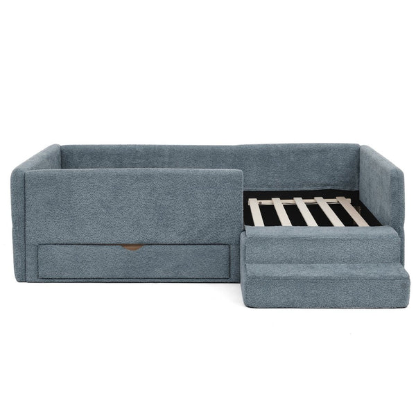 English Elm Twin Boucle Upholstered Kids Bed with Guardrails Built in Storage and Cushioned Step Stool Navy W1413P433366