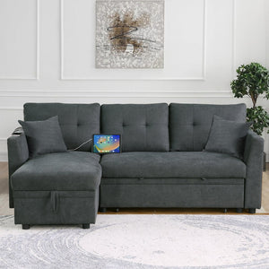 English Elm Sectional Sofa Bed - L-Shaped Velvet Couch With Usb Port, Reversible Sleeper & Storage Chaise, Gray B205S00012-GIGA