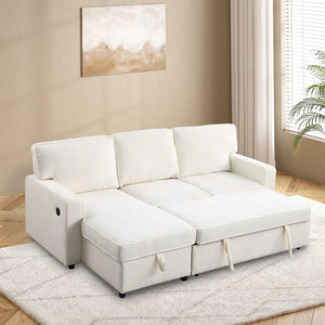 English Elm U_STYLE Chenille Upholstery Sleeper Sectional Sofa with Pull-Out Bed, Chaise Storage & Comfort Beige W1099S00146