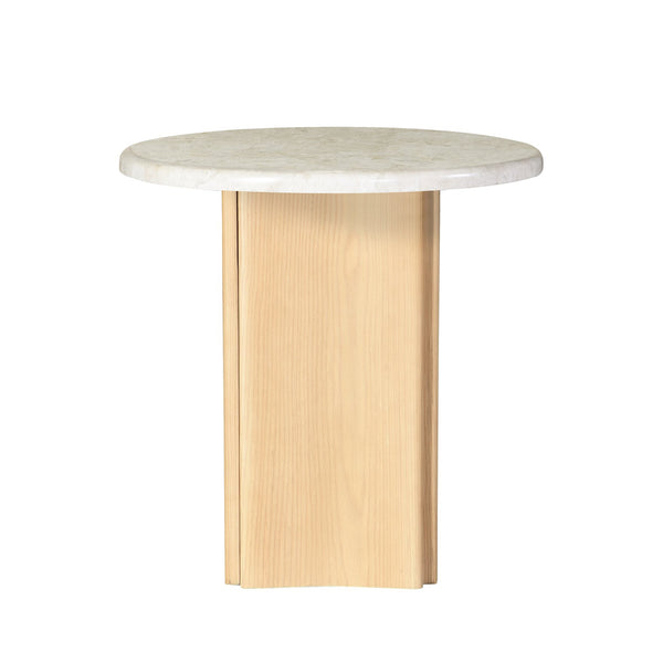 English Elm Qwin Marble Top End Table with Oak Finish — 32mm Marble Surface, Curved Wooden Base, 40lb Capacity B2726S00565