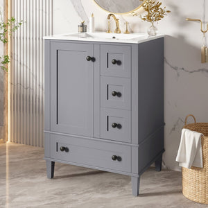 English Elm 24-inch Matte Bathroom Vanity Rubberwood Cabinet with Ceramic Sink and Soft-close Drawers Grey N729P377516E