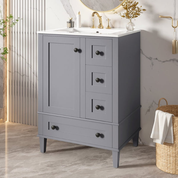 English Elm 24-inch Matte Bathroom Vanity Rubberwood Cabinet with Ceramic Sink and Soft-close Drawers Grey N729P377516E