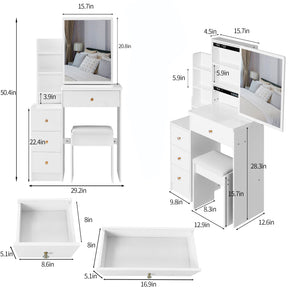 English Elm 29.2" Elegant Space-Saving Vanity Set With Cushioned Stool, Sliding Mirror & High-Capacity Storage W936P226029