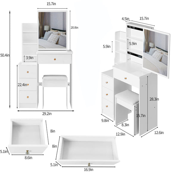 English Elm 29.2" Elegant Space-Saving Vanity Set With Cushioned Stool, Sliding Mirror & High-Capacity Storage W936P226029