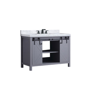English Elm Dark Grey 48 in Bath Vanity with Carrara Marble Top, Matte Black Faucet, Soft-Close Drawers & Shelf B2731P260119