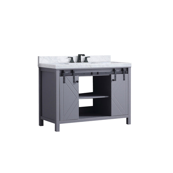 English Elm Dark Grey 48 in Bath Vanity with Carrara Marble Top, Matte Black Faucet, Soft-Close Drawers & Shelf B2731P260119