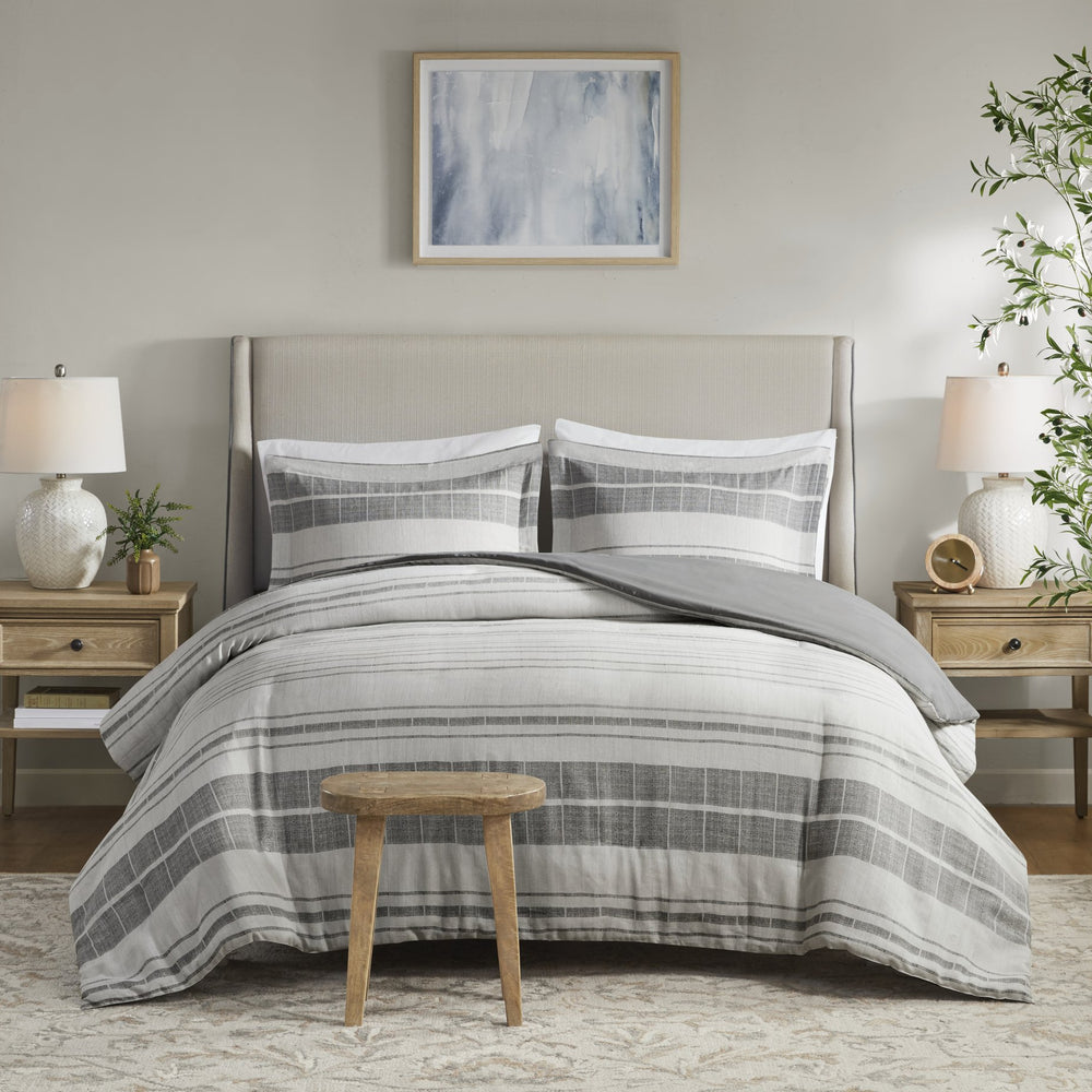 JLA Home Madison Park - 3 Stripe Linen-Look Duvet Cover Set with Black Stripes, OEKO-TEX Cotton-Poly, Button Closure, Ties MP12-8374