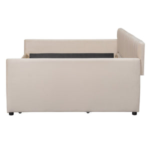 English Elm Full Size Velvet Upholstered Daybed with Pull Out Trundle and Wood Slat Support Beige LP100121AAA