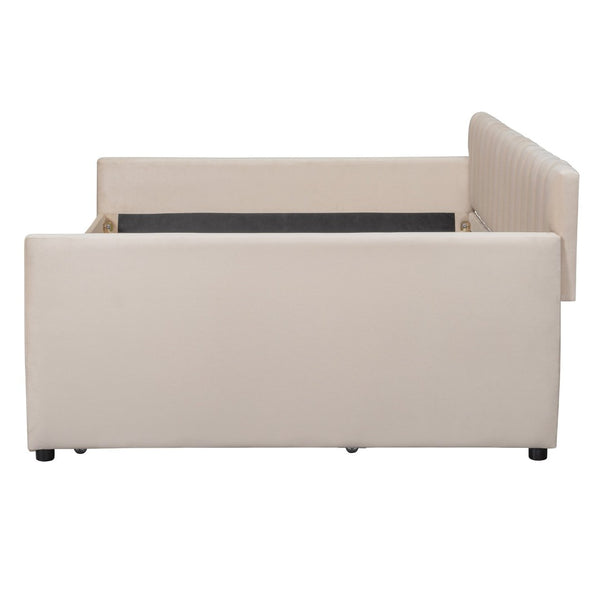 English Elm Full Size Velvet Upholstered Daybed with Pull Out Trundle and Wood Slat Support Beige LP100121AAA