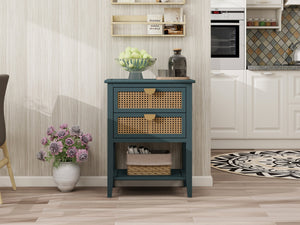 English Elm 2 Elegant Rattan Side Table with Solid Wood Veneer, Semi-Circular Metal Handle, Bedroom Accent Piece Green W68858072