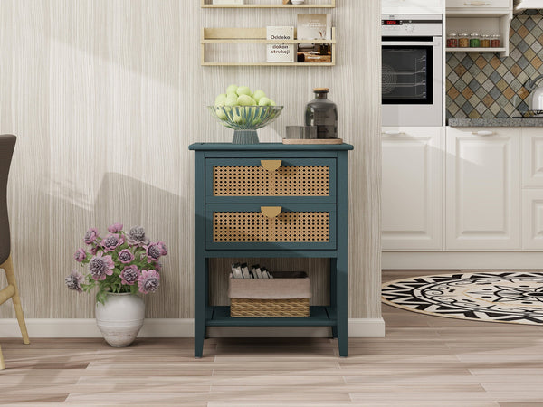 English Elm 2 Elegant Rattan Side Table with Solid Wood Veneer, Semi-Circular Metal Handle, Bedroom Accent Piece Green W68858072