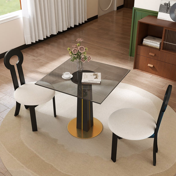 English Elm Modern Round Negotiation Table - 85Cm Black Glass Top, Stylish Wooden Legs & Luxe Gold Base Design W1535S00593