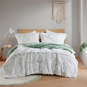 English Elm 3 Pcs King/Cal King Shaggy Faux Fur Comforter Mini Set - Luxurious Green/White Cozy Bedding Ensemble B035P319585