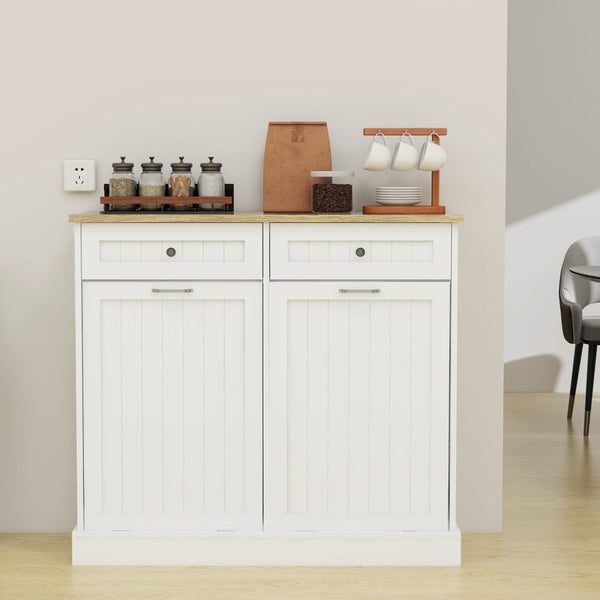 English Elm Two Drawer Tilt Out Trash Cabinet White Mdf Kitchen Storage with Appliance Top W282P160454
