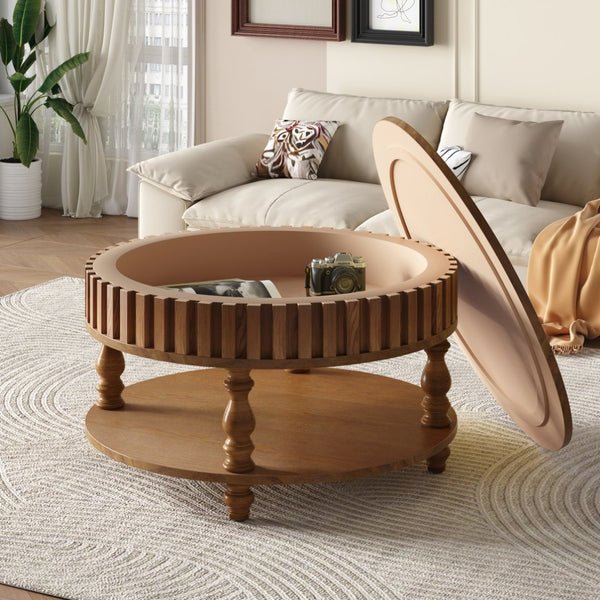 English Elm Farmhouse Fluted Square Coffee Table with Flip Top Hidden Compartment and Open Shelf Walnut Brown W1445P370480