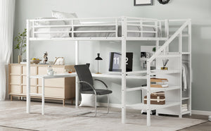 English Elm Queen Size Loft Bed With L-Shaped Desk, Usb Port & Led Lights - Stylish Space-Saving Solution For All W1580S00124-GIGA