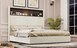 English Elm Queen Velvet Tufted Wingback Platform Bed Tall Headboard with Usb Charging Shelf Beige N733P367135A