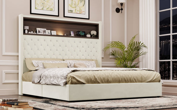 English Elm Queen Velvet Tufted Wingback Platform Bed Tall Headboard with Usb Charging Shelf Beige N733P367135A