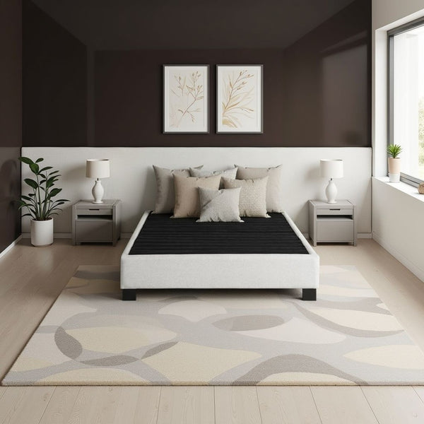 English Elm Modern Low Profile King Platform Bed Base Upholstered in Soft Polyester Fabric Beige B108P468536