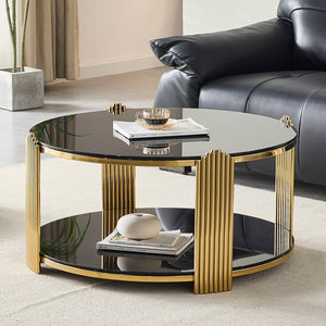 English Elm 35inch Round Coffee Table Dual Tier Tempered Glass Gold Steel Frame Living Room W3357P395503
