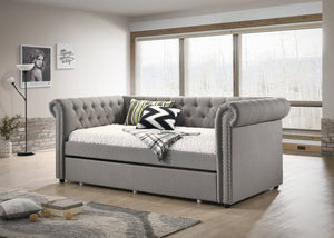 English Elm Luxurious Tufted Daybed with Nailhead Trim and Built-In Trundle — Elegant Rolled Arms, Plush Fabric Comfort Gray 41.88 L x 16 W x 6.25 H B011S01633