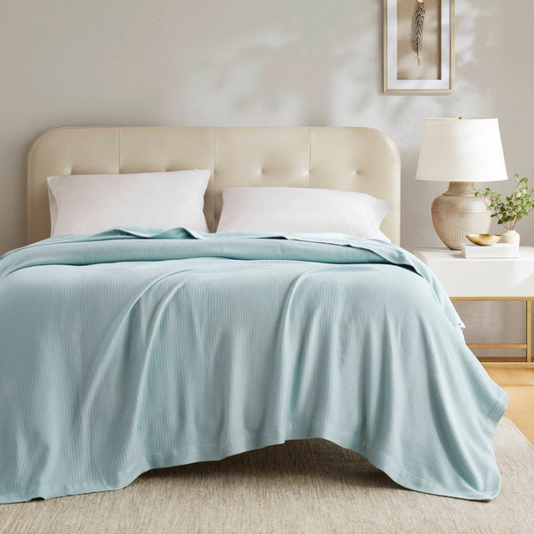 JLA Home Madison Park - Blanket Egyptian Cotton Ultra-Soft Throw for Bed & Sofa, Machine-Washable, Durable Luxury Feel Light Blue MP51N-6188