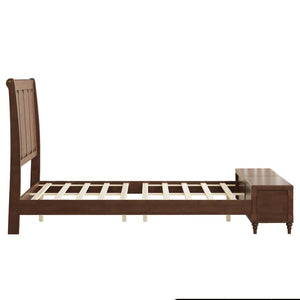 English Elm Queen Sleigh Bed Solid Rubberwood Walnut Finish Curved Headboard Footboard Storage Bench W1716S00034
